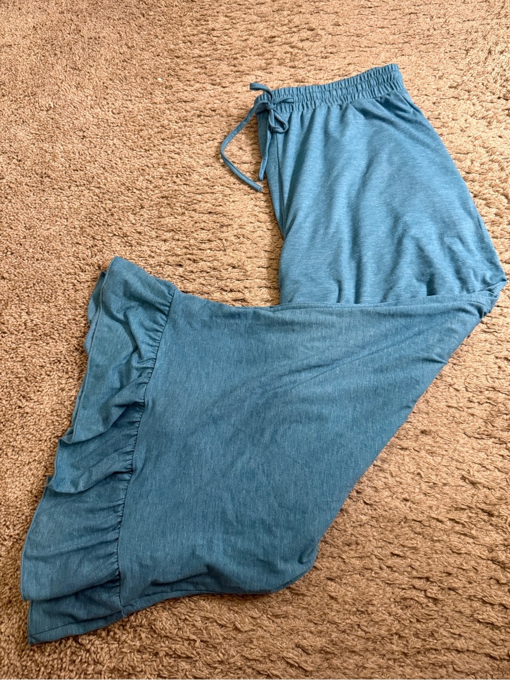 EVALESS Blue Elastic High Waist Drawstring Ruffle Hem Palazzo Pants - size XXL